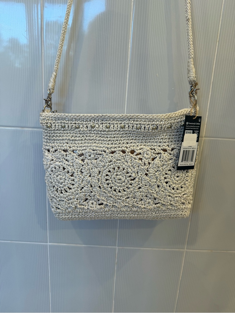 Woven Crochet Crossbody Bag in Cream - Picture 3 of 8